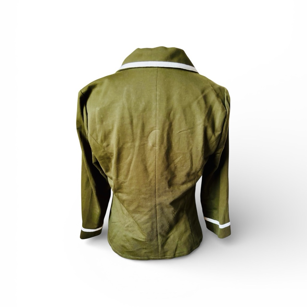 Modcloth Sz M Cropped Fitted Olive Blazer with White Accents - Picture 4 of 10